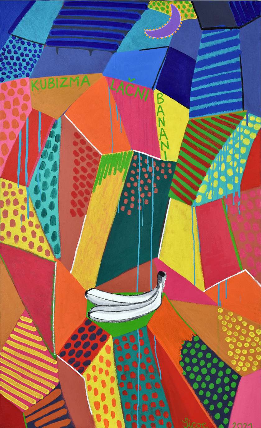 Kubizma lačni banani, 2021, akril na platnu, 189 × 110 cm.