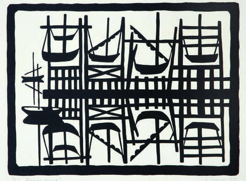 Lojze Spacal, Viseči čolni, 1951, lesorez, 39,5 x 45 cm