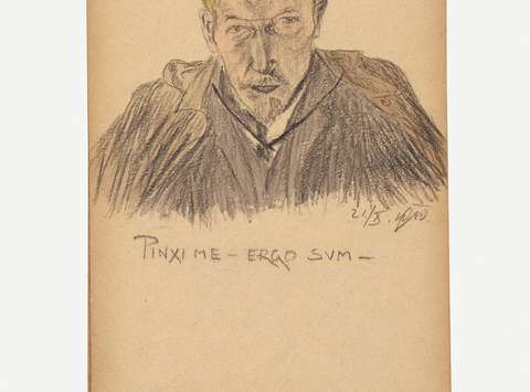Oton Župančič: PINXI ME - ERGO SUM / avtoportret / 21. 10. 1910, risba s svinčnikom in akvarel