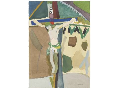 Milan Rijavec: Wayside Shrine with a Crucifix, watercolour on paper, 1989,