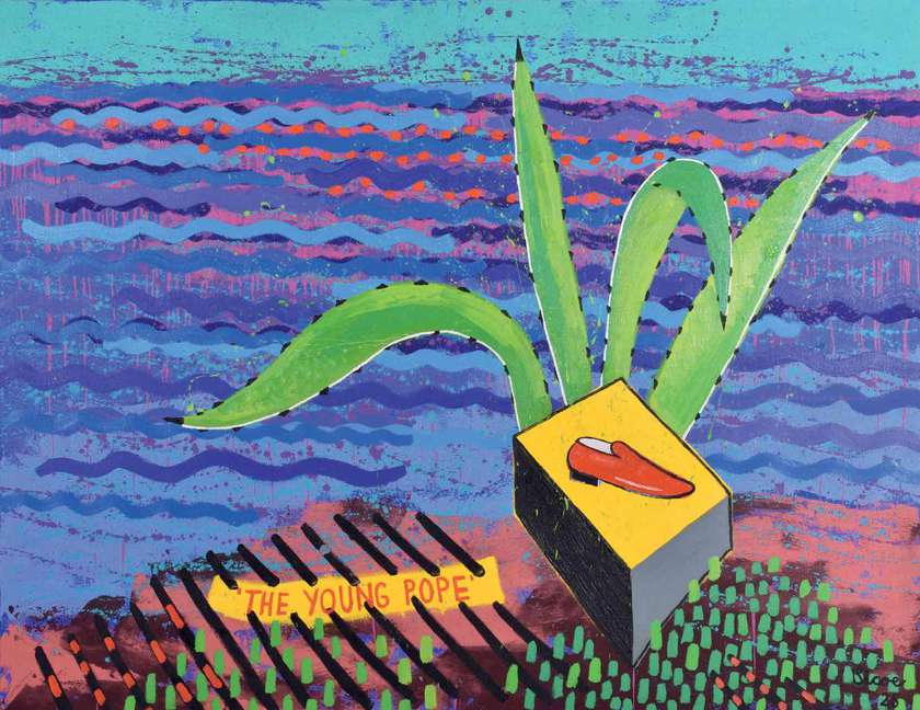 The Young Pope, 2025, olje in akril na platnu, 185 × 240 cm.