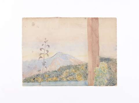 Oton Župančič: Lake Bled and Hills with a Tree Trunk in the Foreground / gouache . 1919