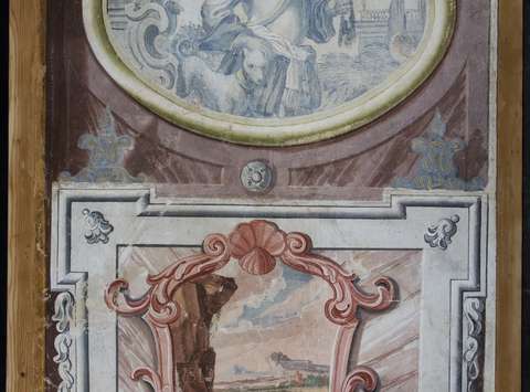 Franc Jelovšek, Fragment mladeniča z rogom in sokolom ter pejsaž, sneta freska, 230 x 162,5 cm