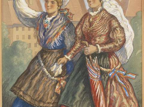 Maksim Gaspari Two Women in National Costume,  pastel and gouache on paper; gift by BTC d. d.