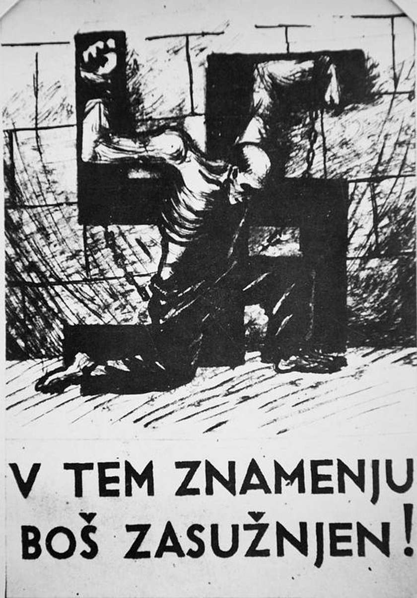 Vlasto Kopač, razglednico z napisom “V tem znamenju boš zasužnjen!” je Kopač narisal leta 1938