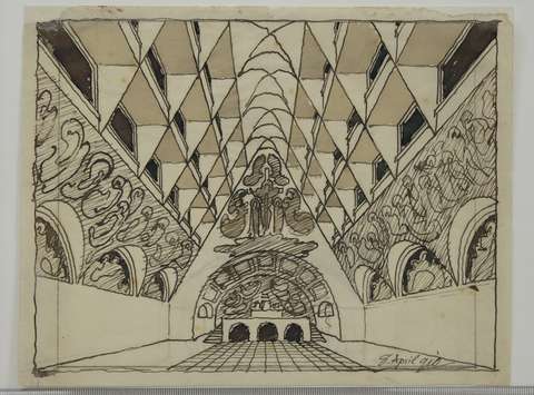 Plečnikova idejna skica notranjščine cerkve sv. Duha na Dunaju, zasnovo katere je kasneje v načrtu popolnoma spremenil, 1910