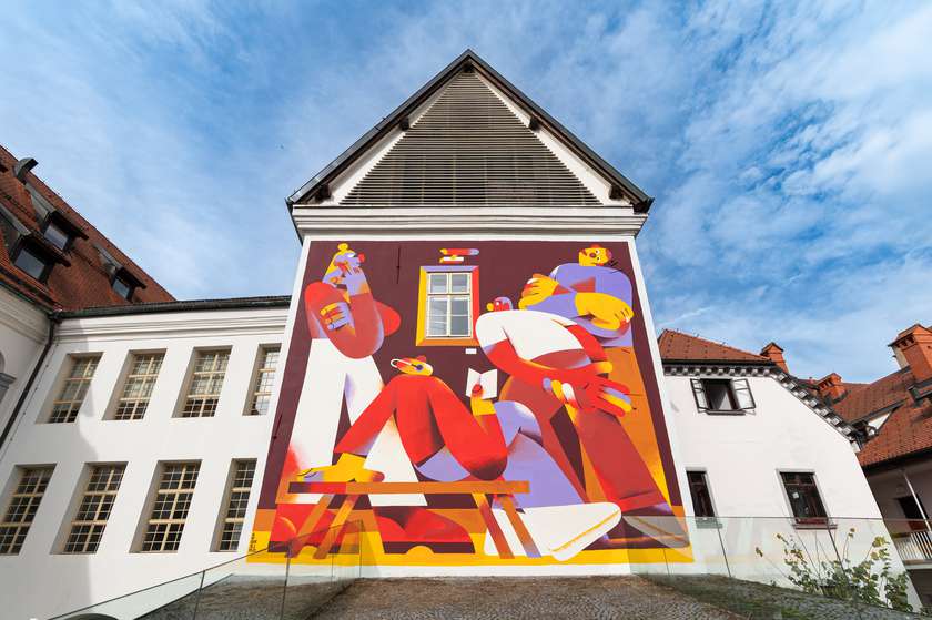 Krashkid mural on the City Museum od Ljubljana facade, 2023