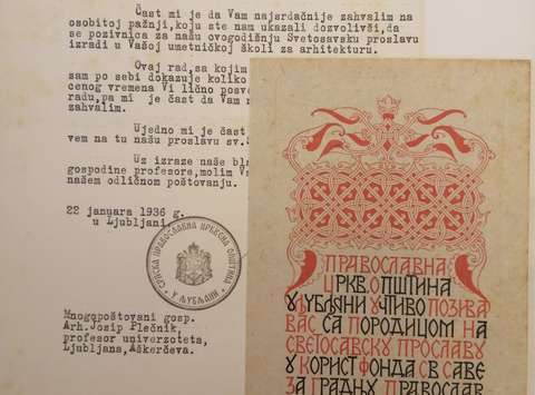 Plečnikovo oblikovanje vabila za Srbsko pravoslavno cerkveno občino, 1936