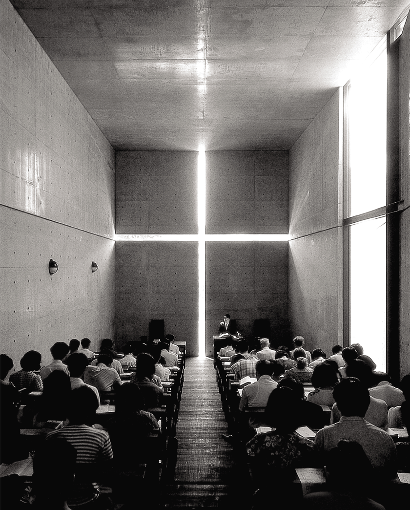 Cerkev svetlobe (1989) v Ibarakiju: Oblikovanje s temo in svetlobo je ena izmed poglavitnih tem v Andōjevi arhitekturi.