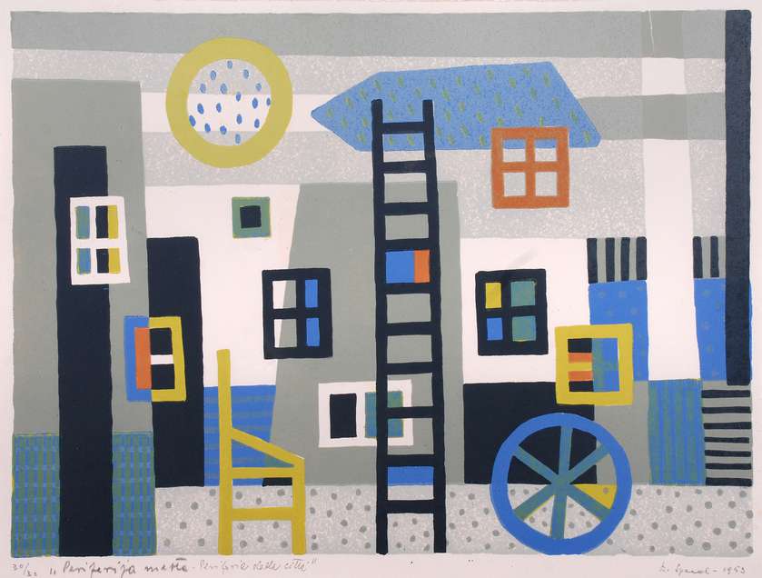 Lojze Spacal, Periferija mesta, 1953, barvni lesorez, 32 x 45 cm, Javni zavod Komenski kras, Štanjel