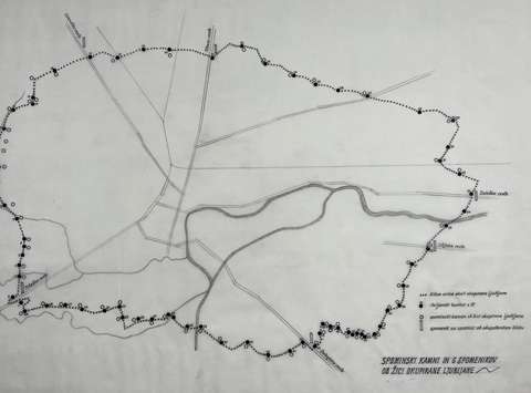 Pot ob žici okupirane Ljubljane. Traso, spomenike in spominske stebre je sprojektiral Vlasto Kopač, 1960