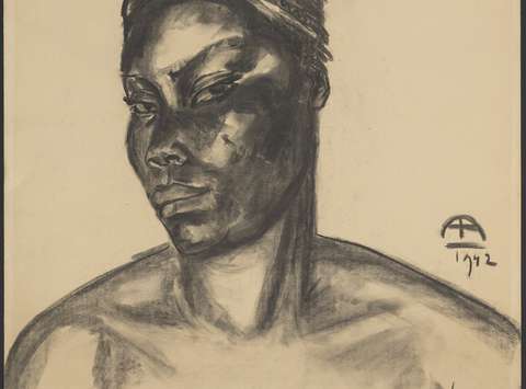 Neznani avtor Temnopolta ženska, 1942 oglje na papirju; darovala gospa Darja Pirkmajer