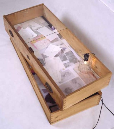 Drawers, 2013, drawers, drawings, various materials, two lights. 108 x 50 x 33 cm