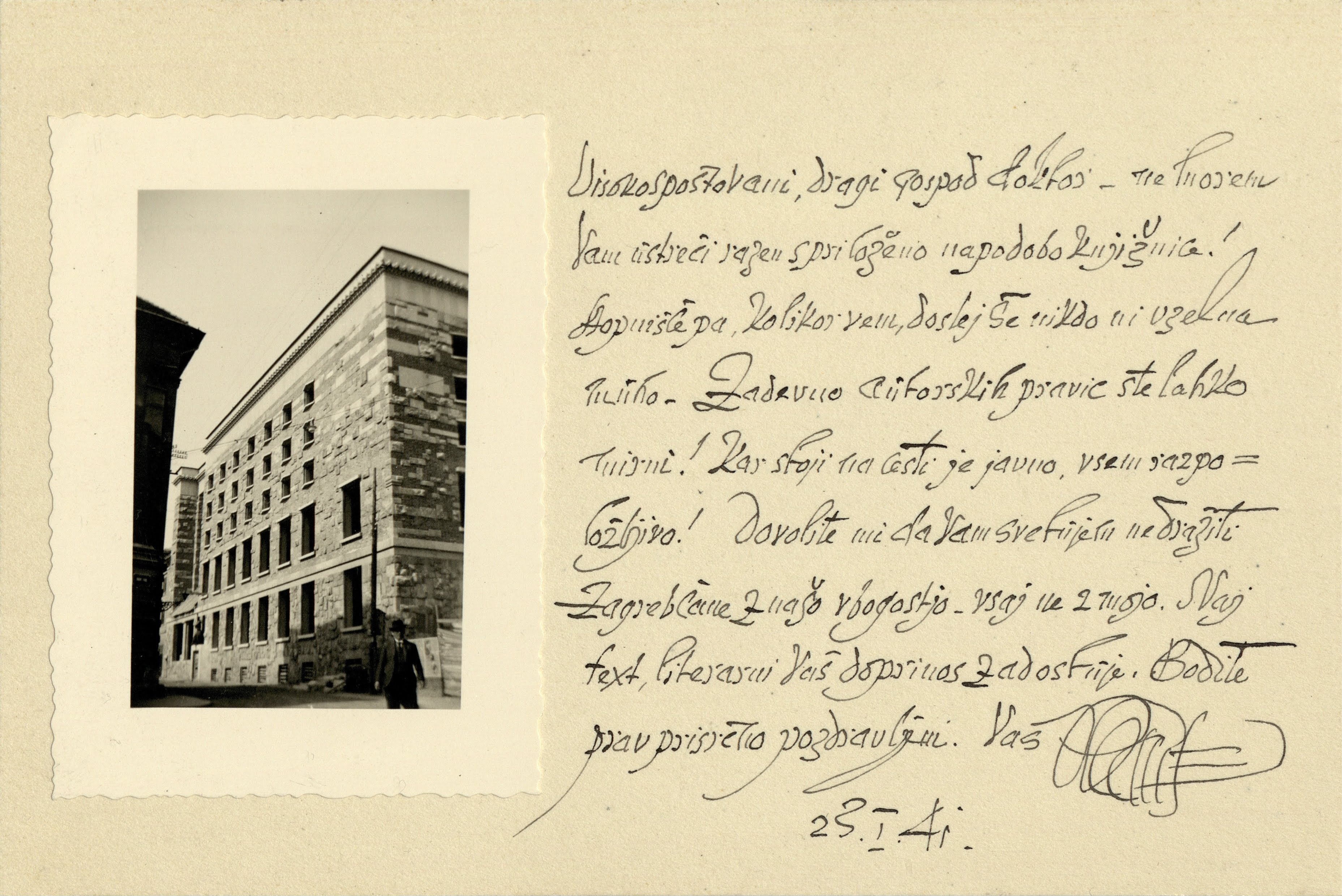 Pismo Jožeta Plečnika Jožetu Glonarju, s priloženo fotografijo nedograjene univerzitetne knjižnice, 25. 1. 1941, izvirnik hrani NUK
